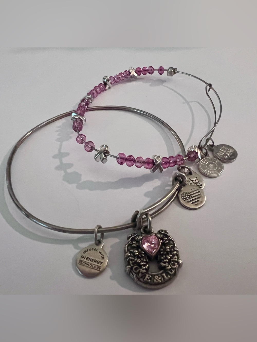 Alex and Ani Pink Ribbon “Love & Luck” Bracelet Set | Silver Expandable Bangles